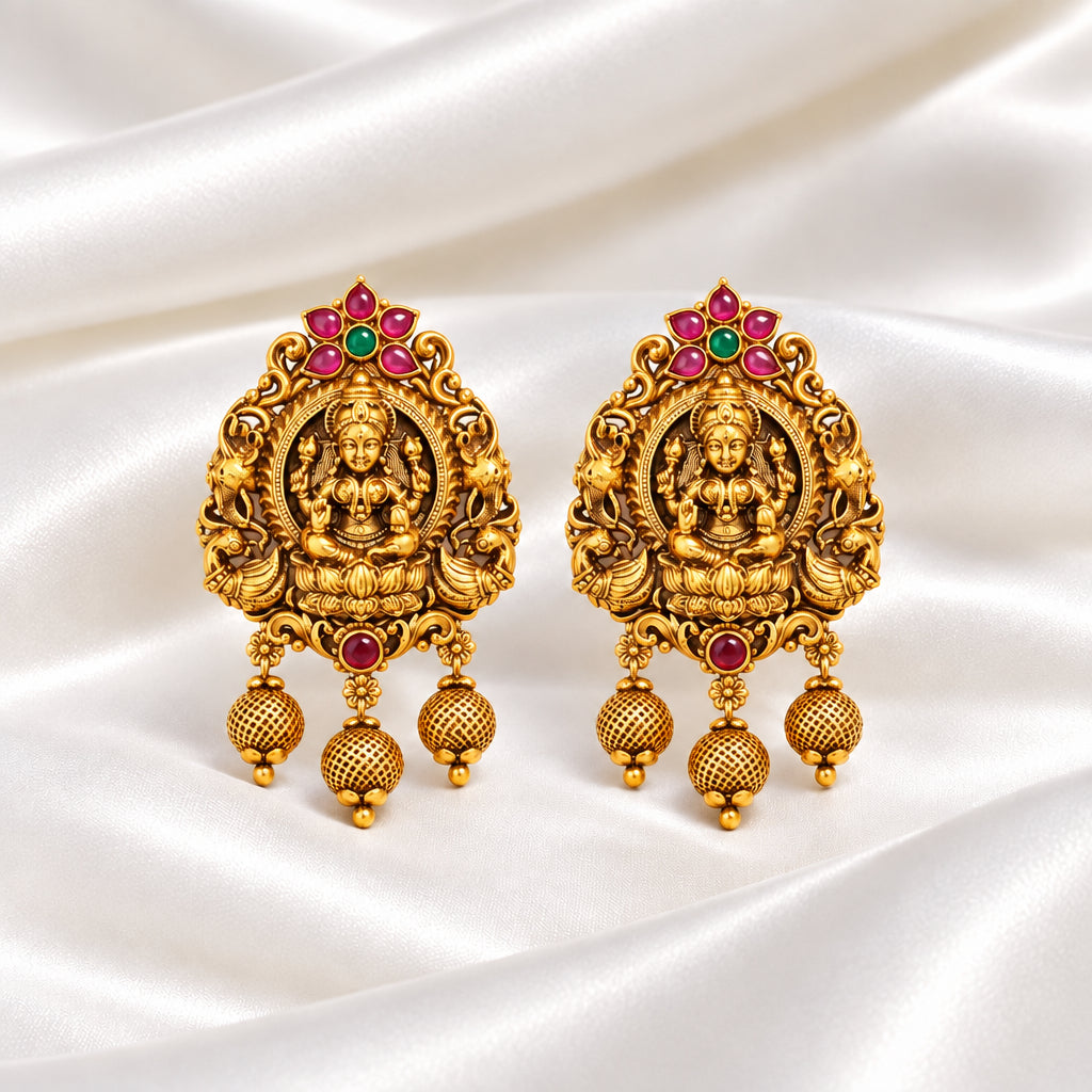 Gold-Plated Antique Peacock Lakshmi Multi-Stone Pendant Set with Earrings