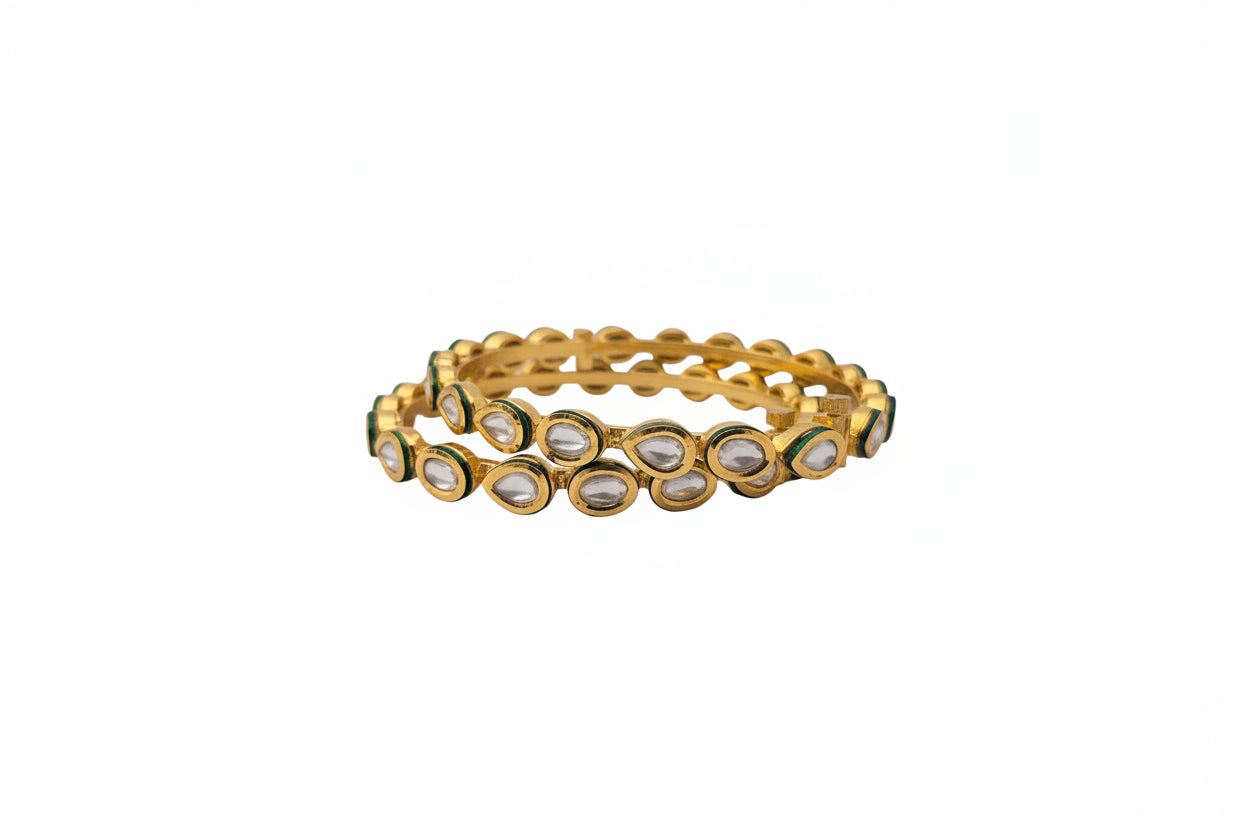 Gold-Plated Teardrop Kundan and Green Enamel Bangle Set