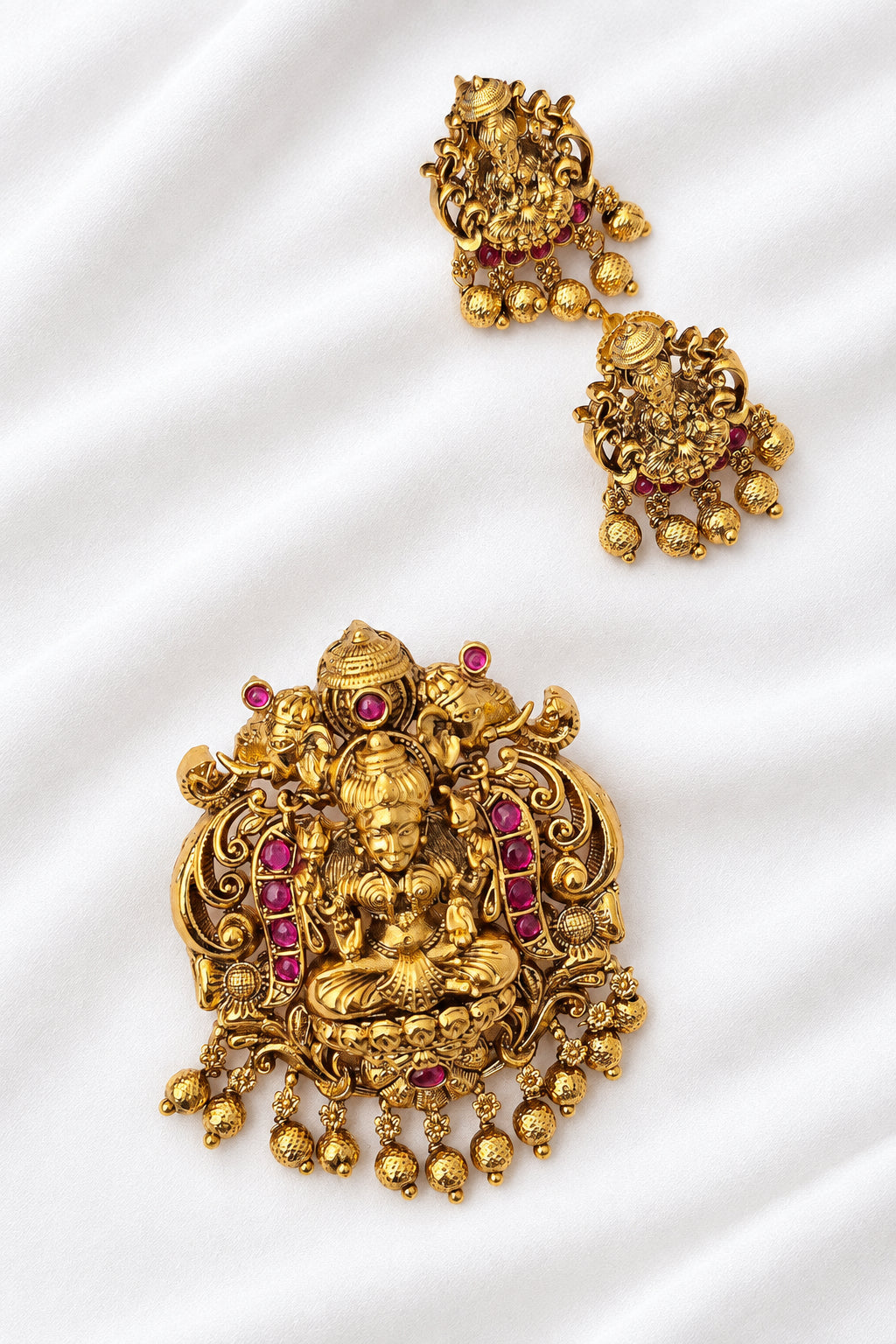 Gold-Plated Antique Lakshmi Pendant Set with Earrings