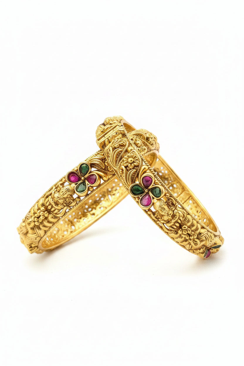 Antique Gold-Plated Floral and Ruby-Emerald Stone Bangle Set