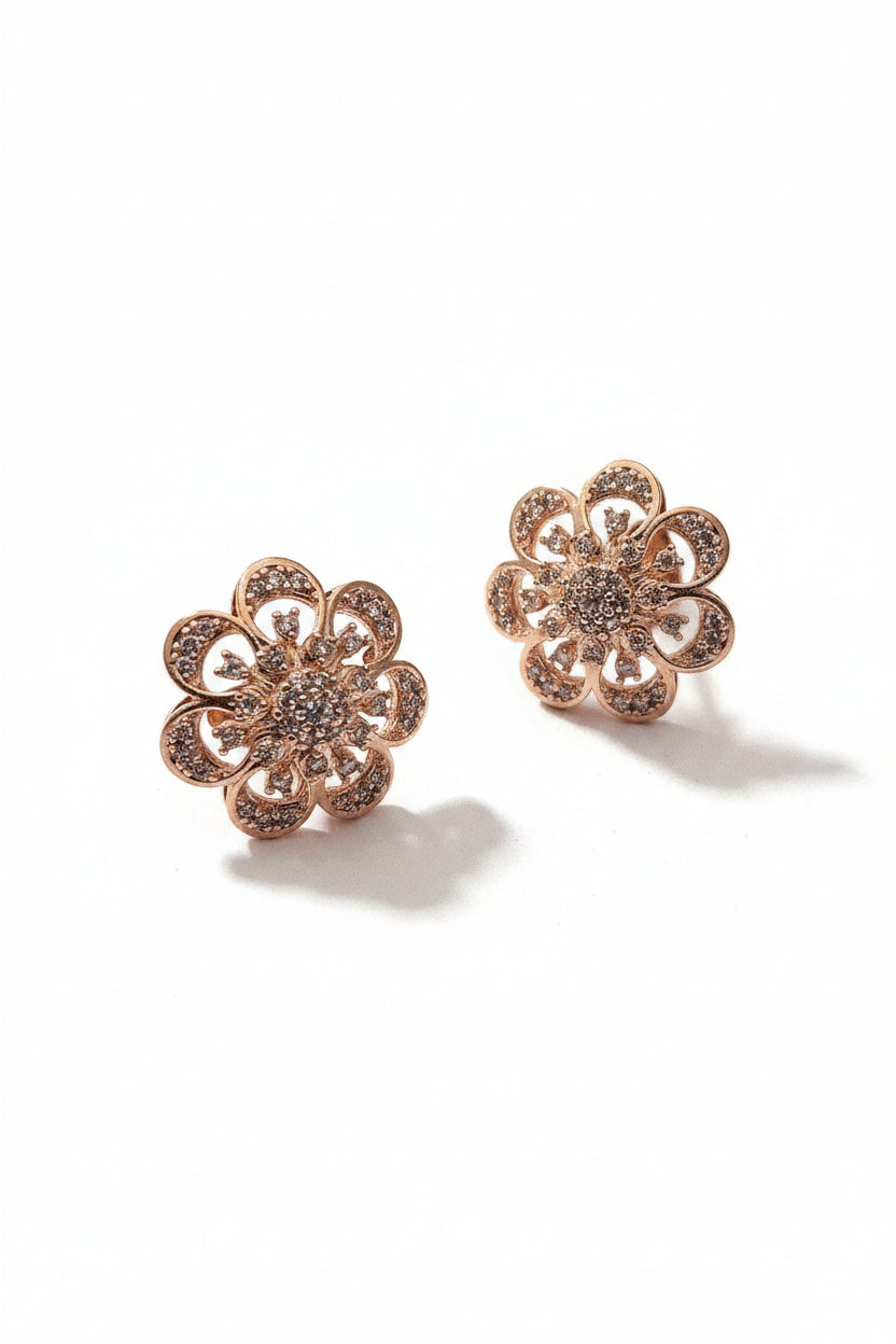 Rose Gold-Plated Zircon Floral Cluster Stud Earrings