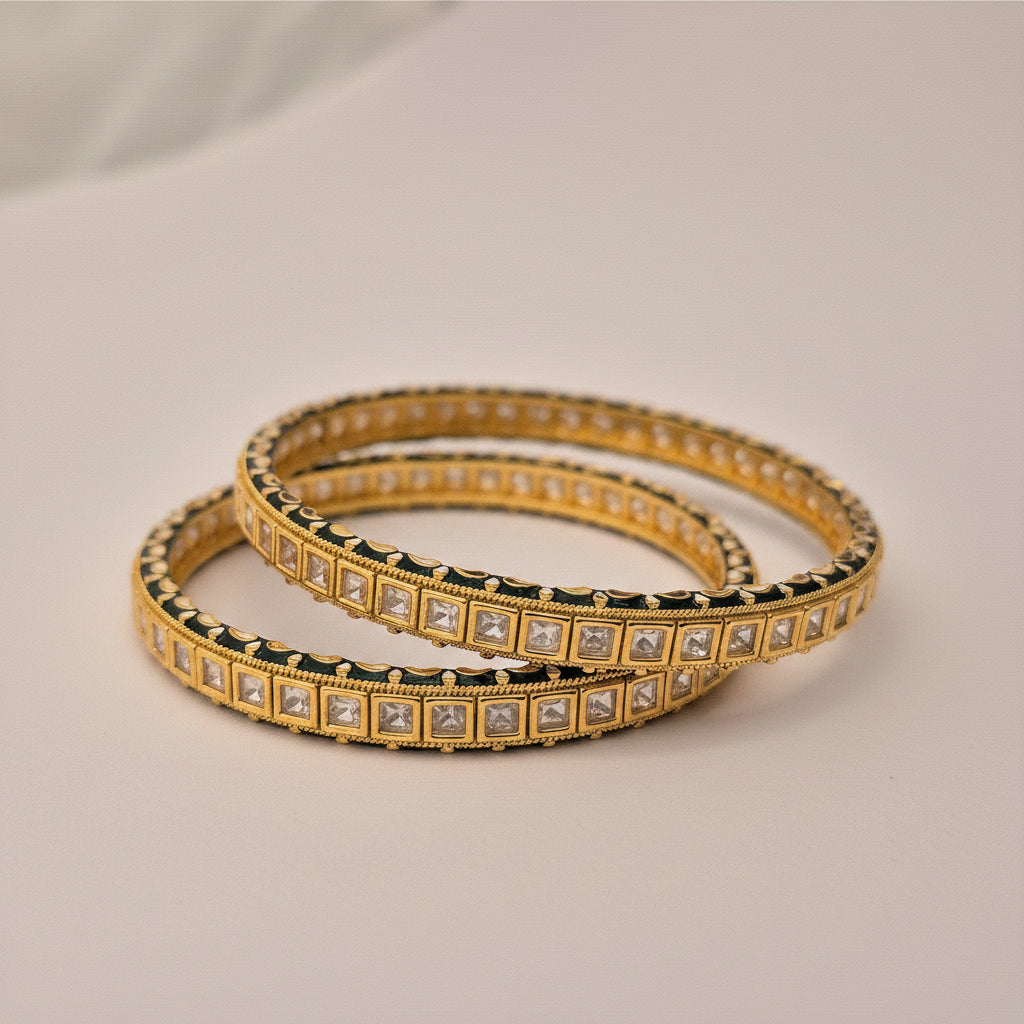 Gold-Plated Square Kundan and Green Enamel Bangle Set