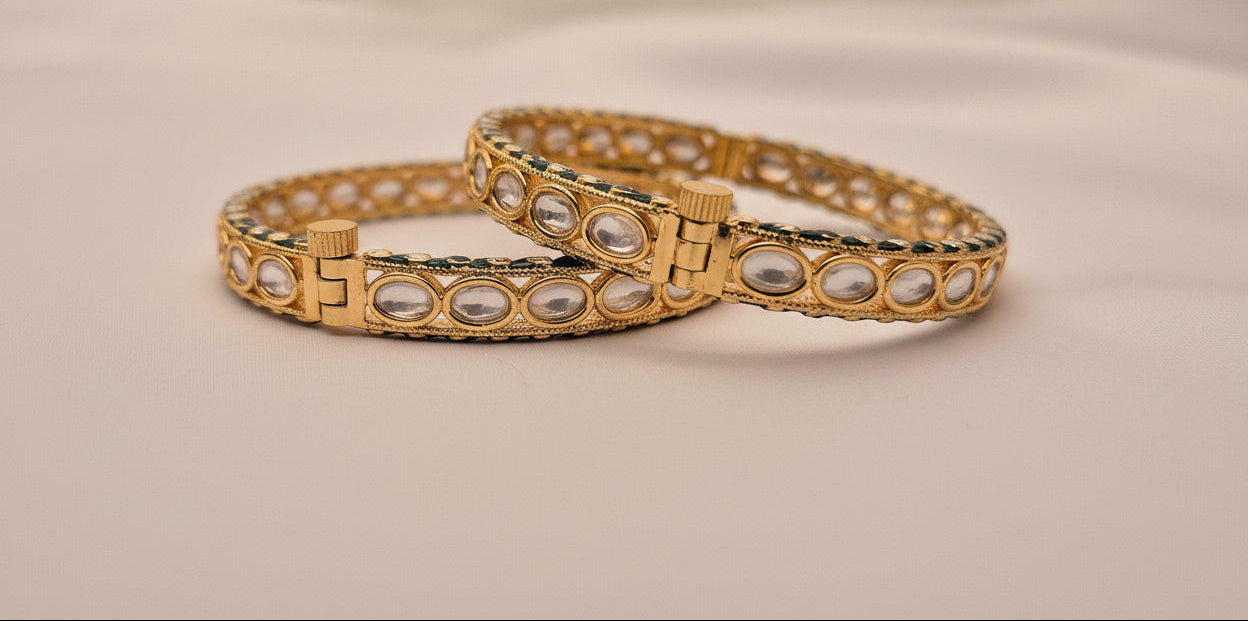 Gold-Plated White Stone Hinged Kundan Bangle Set