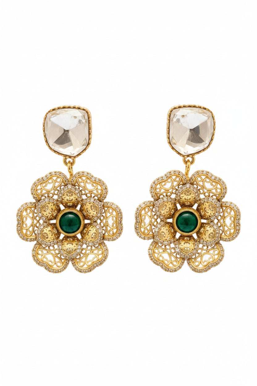 Traditional Gold-Plated Green Stone Floral Kundan Earrings