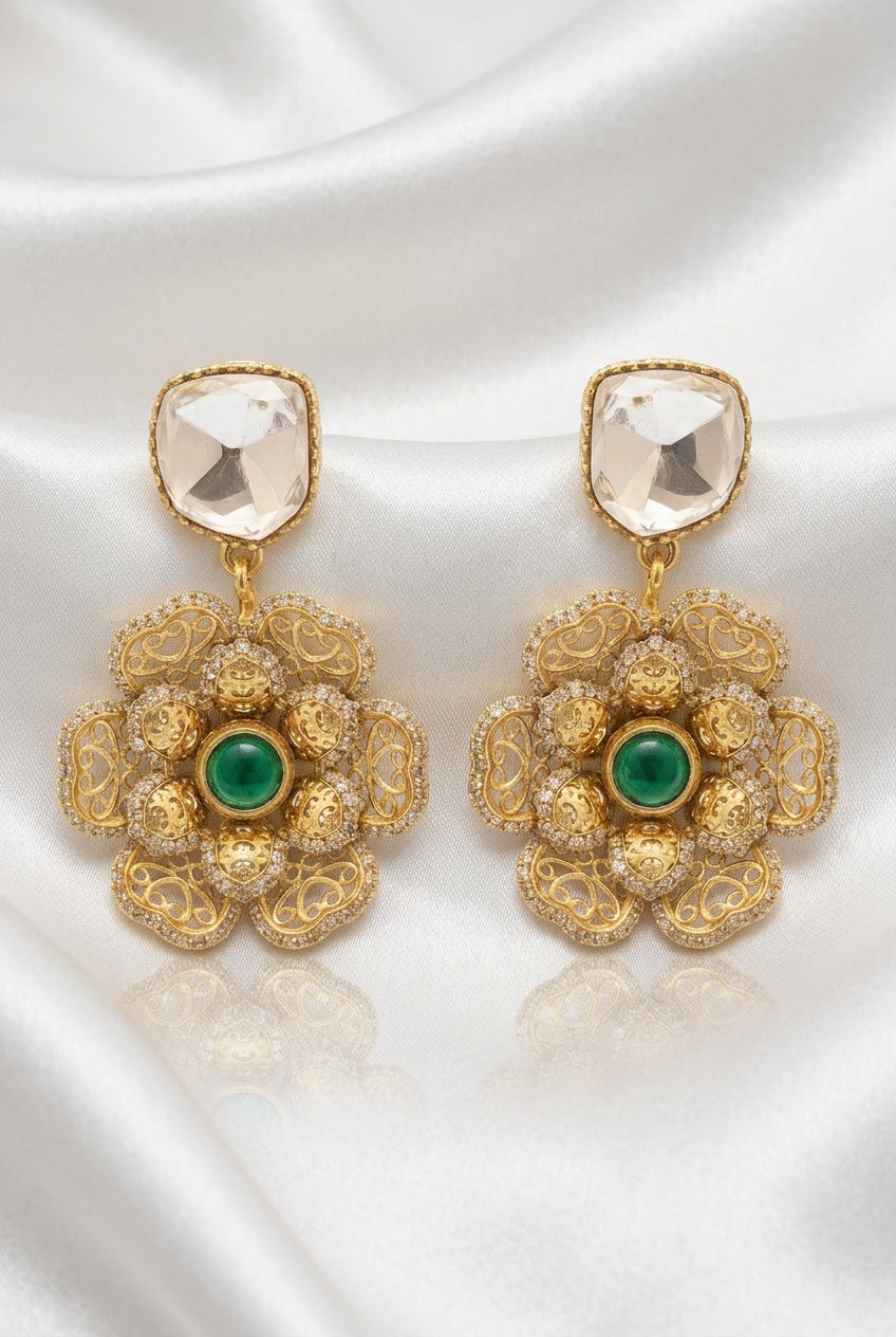 Traditional Gold-Plated Green Stone Floral Kundan Earrings