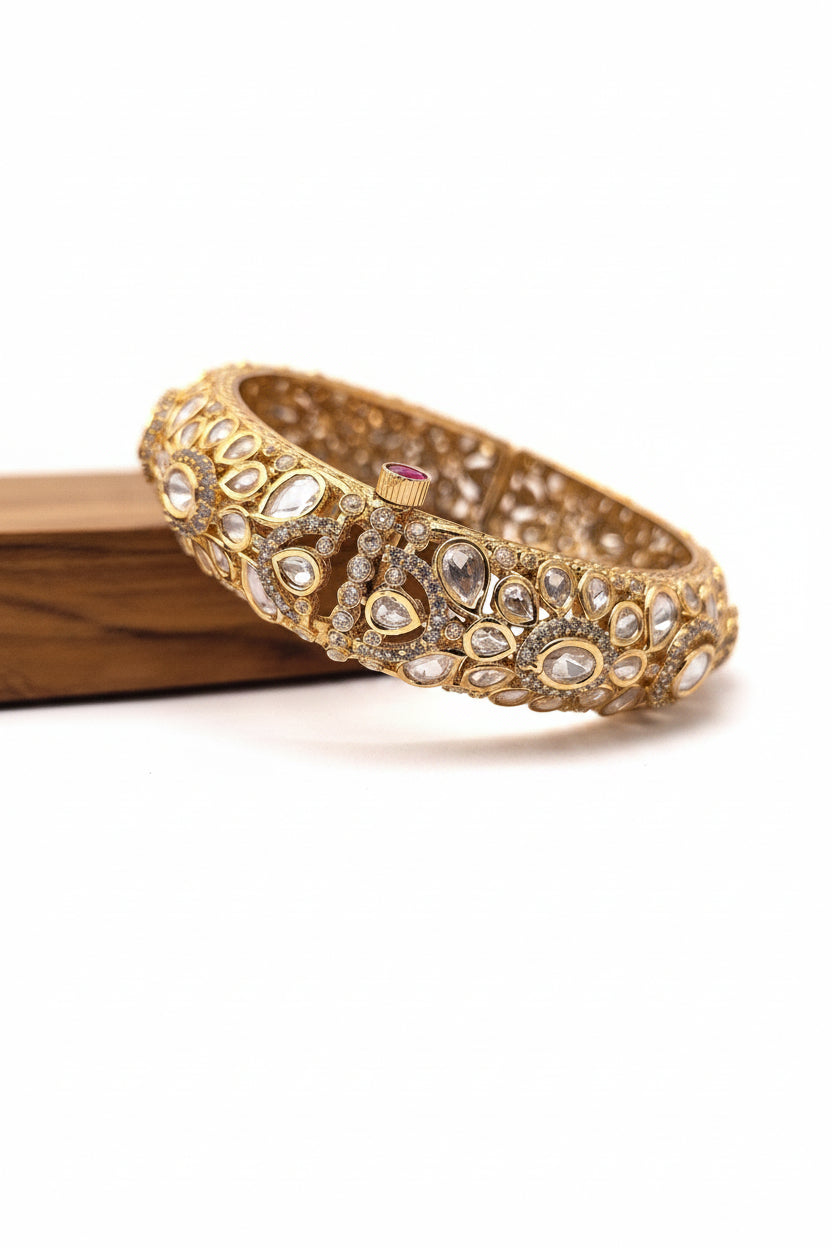 Gold-Plated Polki and White Stone Heavy Designer Bangles