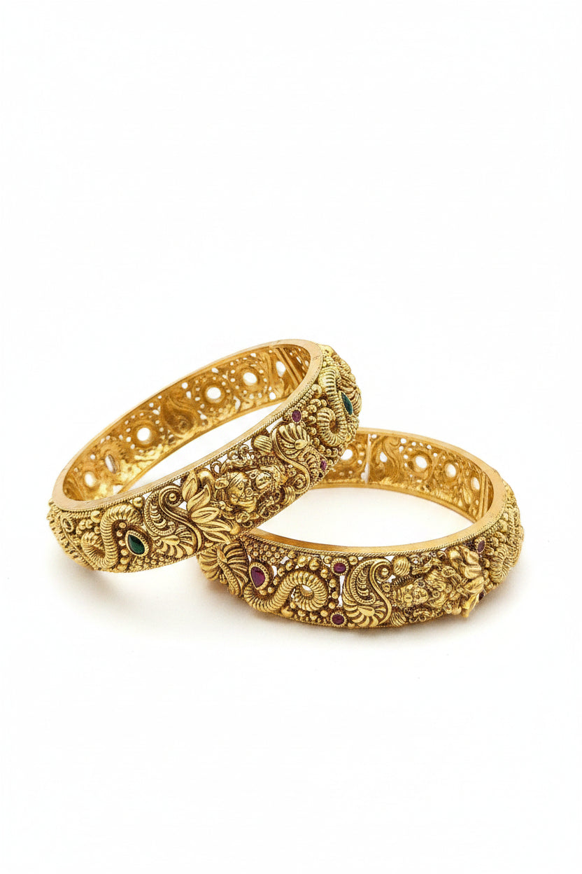 Antique Gold-Plated Goddess and Floral Motif Bangle Set