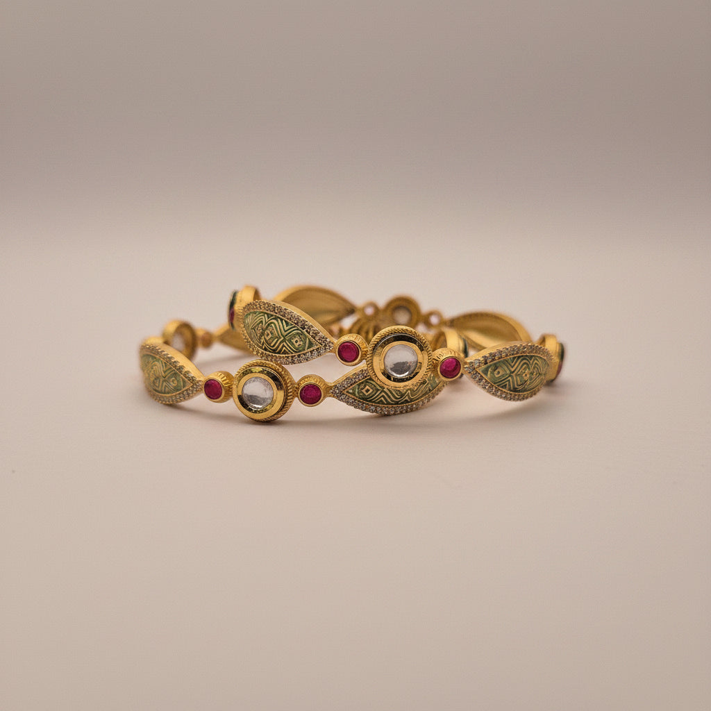Gold-Plated Kundan and Meenakari Enamel Stone Bangles Set
