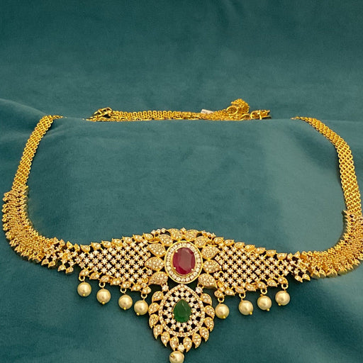 Gold-Plated American Diamond Multi-Stone Drop Stone Ottiyanam