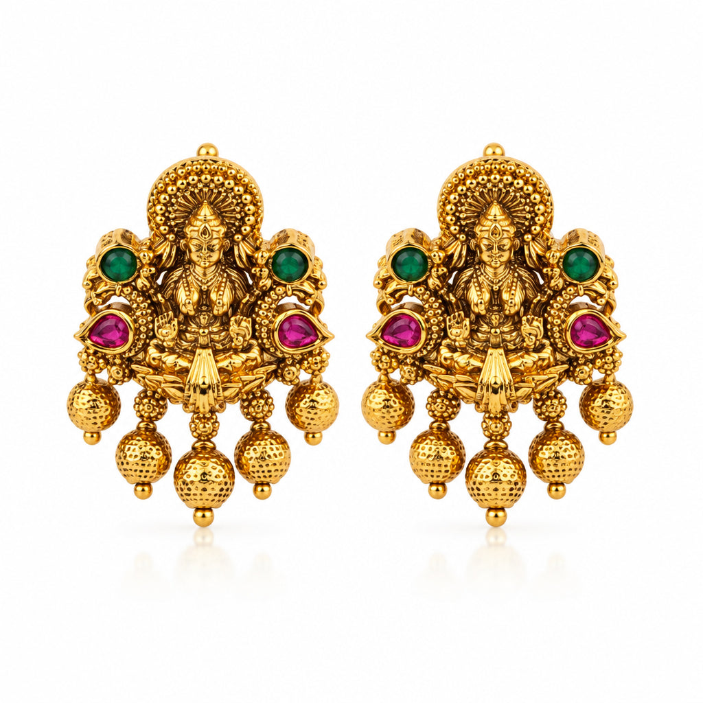 Gold-Plated Antique Lakshmi Multi-Stone Pendant Set with Earrings