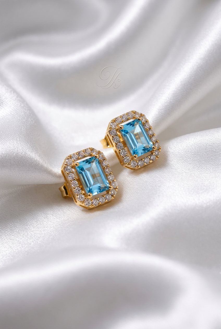 Blue Aquamarine Emerald-Cut Zircon Halo Stud Earrings
