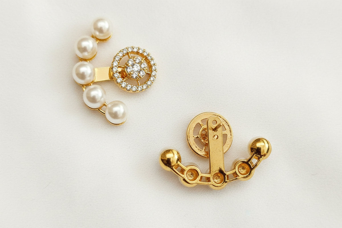 Gold-Plated Zircon Starburst Pearl Ear Jacket Earrings