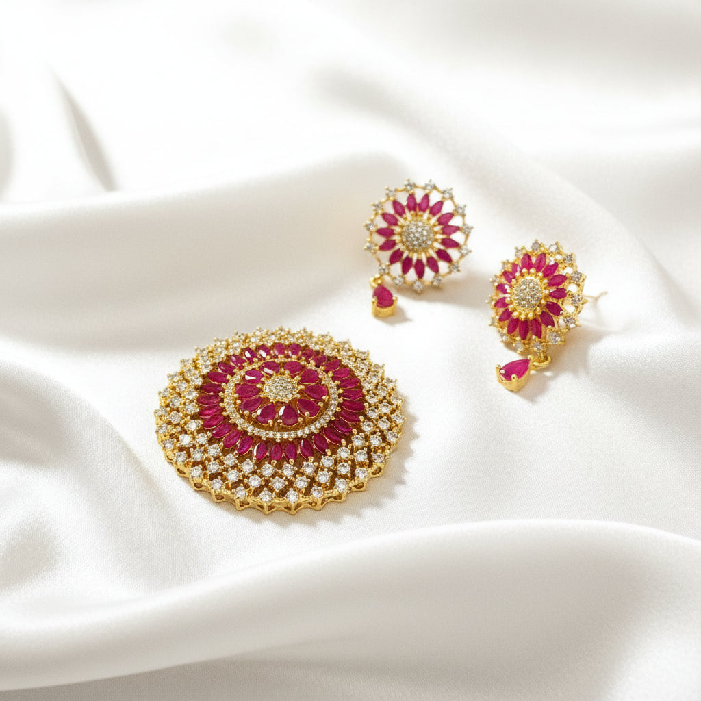 Gold-Plated Ruby and Zircon Floral Mugappu Set with Matching Earrings