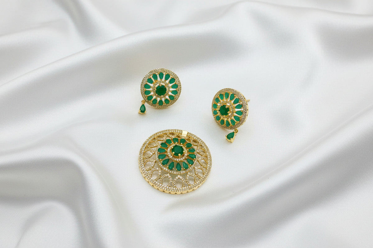 Gold-Plated CZ Emerald Round Floral Mugappu Set with Earrings