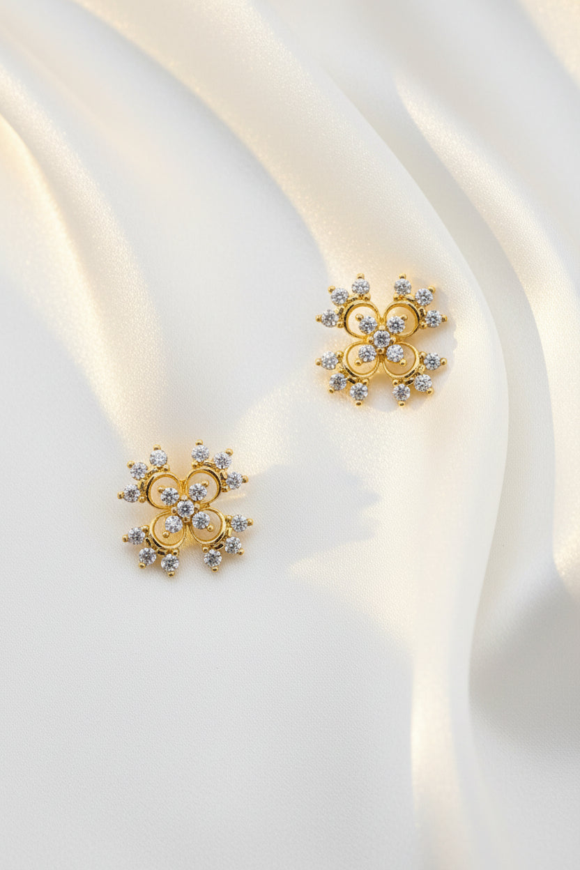 Gold-Plated Zircon Ornate Cross Cluster Stud Earrings