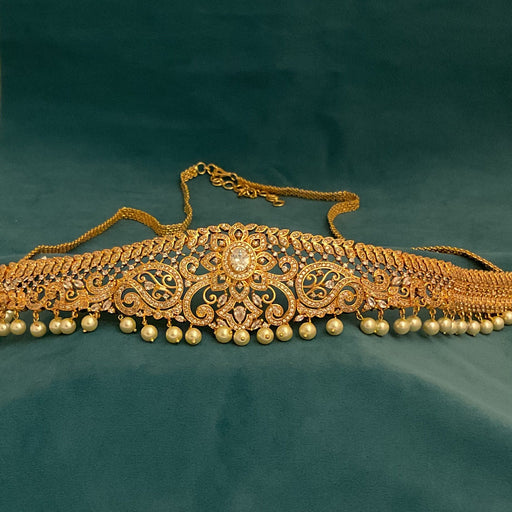 Gold-Plated Traditional CZ Floral Design Stone Ottiyanam