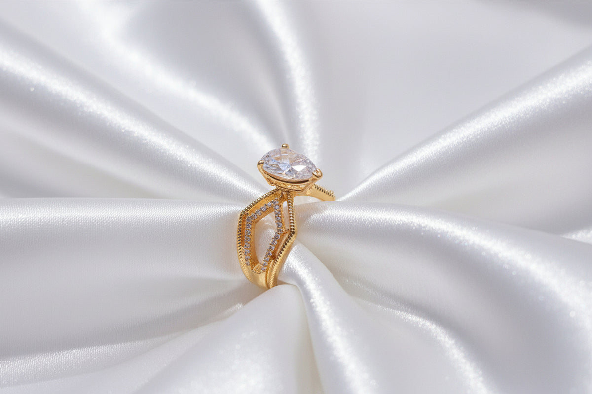 Gold-Plated American Diamond Pear-Cut Statement Ring
