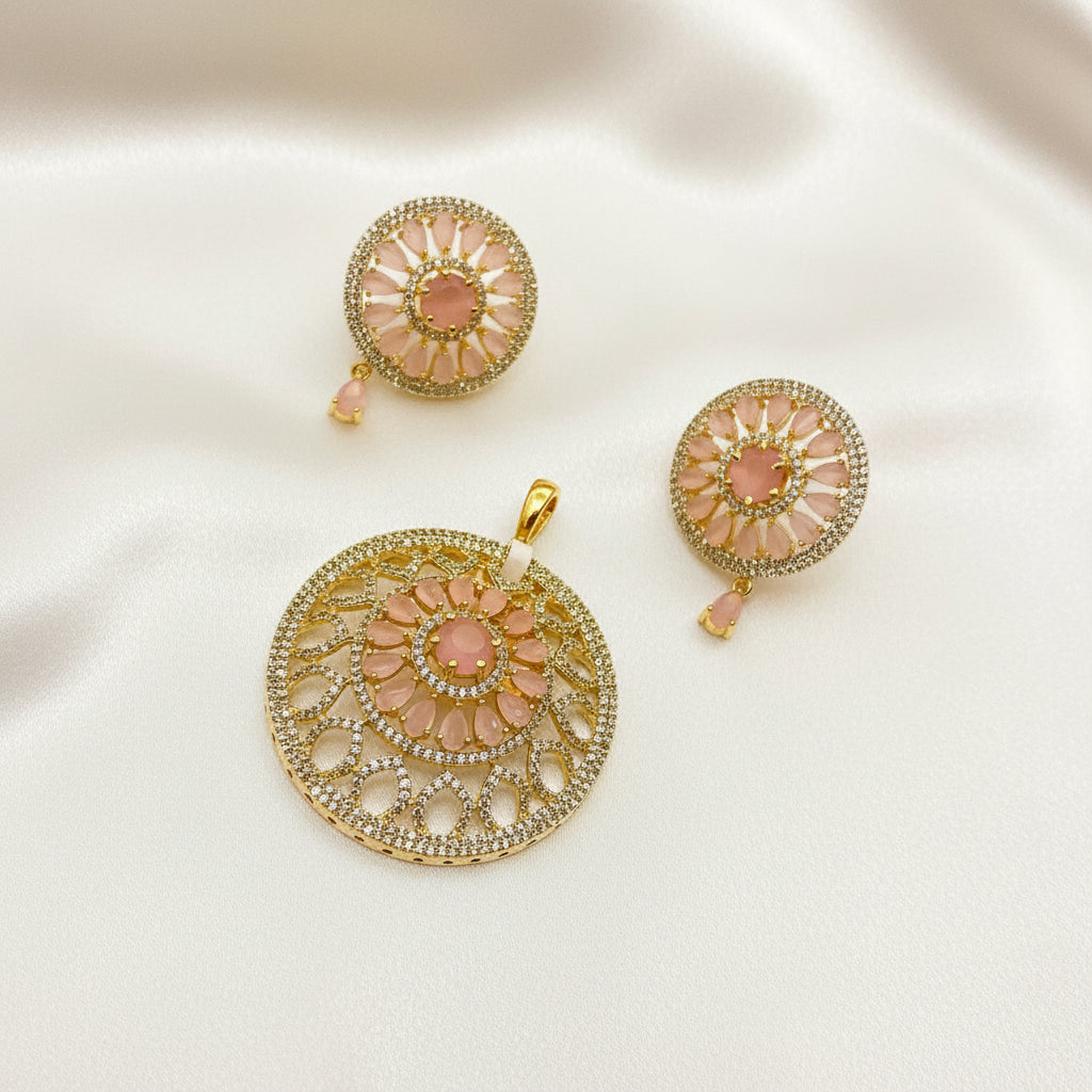 Gold-Plated CZ Peach Round Floral Design Mugappu Set with Earrings