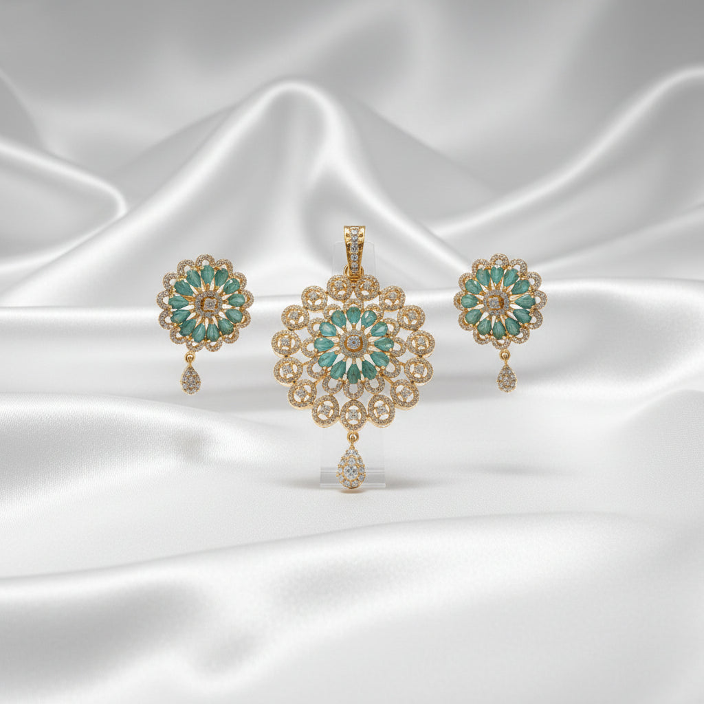 Gold-Plated CZ Green Multi-Layer Round Pendant Set with Earrings