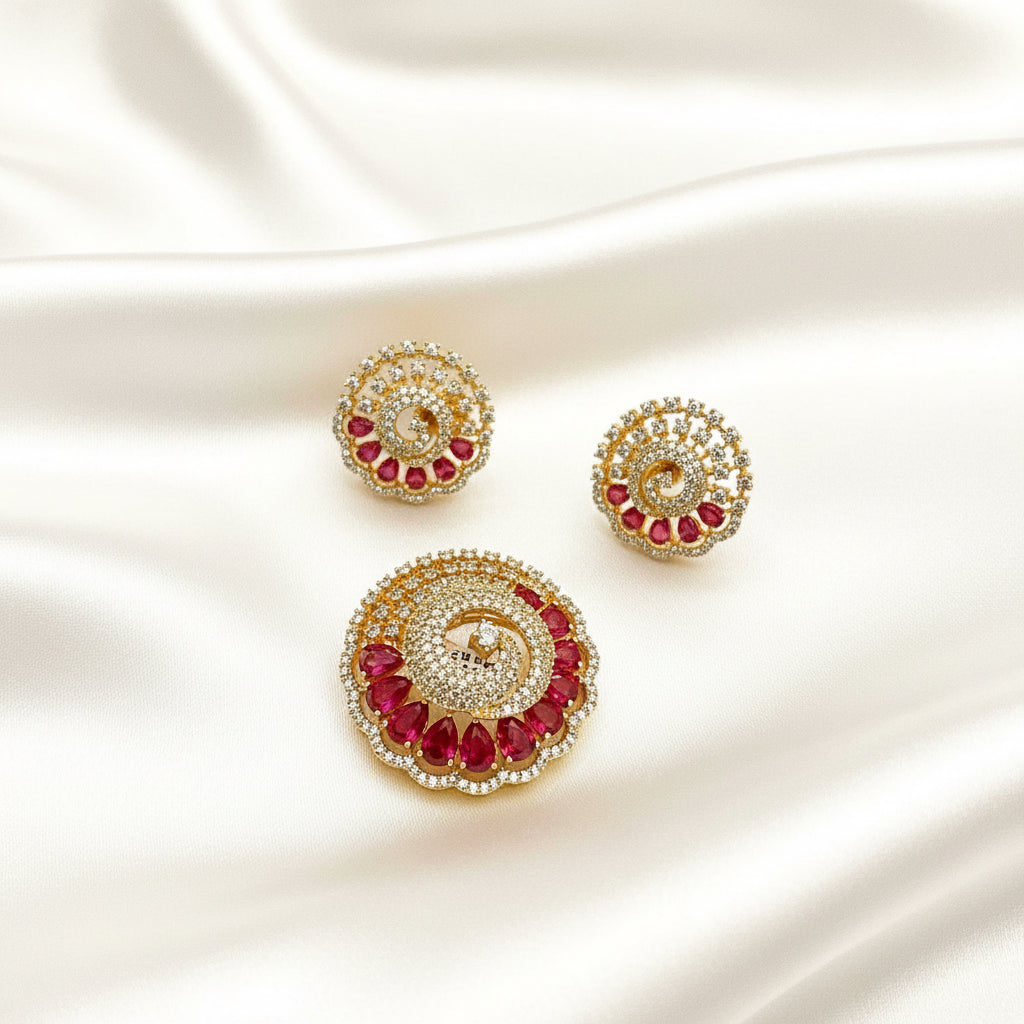 Gold-Plated CZ Red Swirl Mugappu Set with Earrings