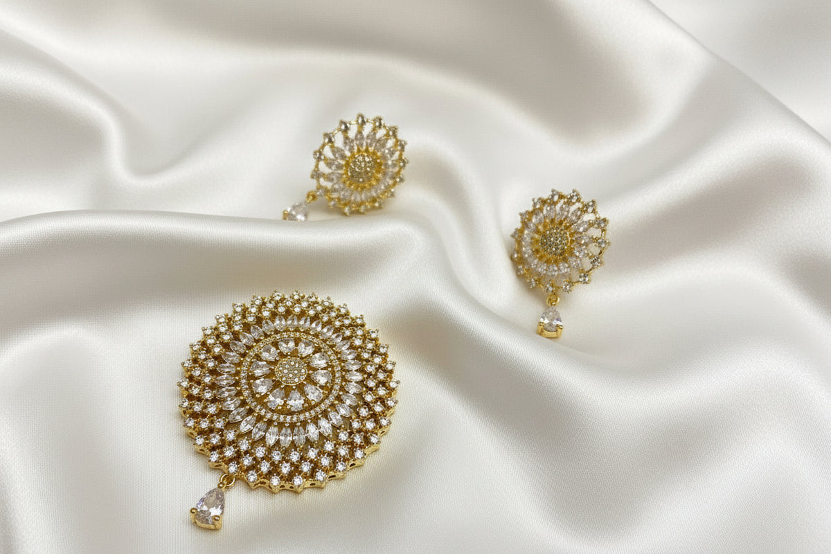 Gold-Plated CZ White Round Floral Mugappu Set with Earrings