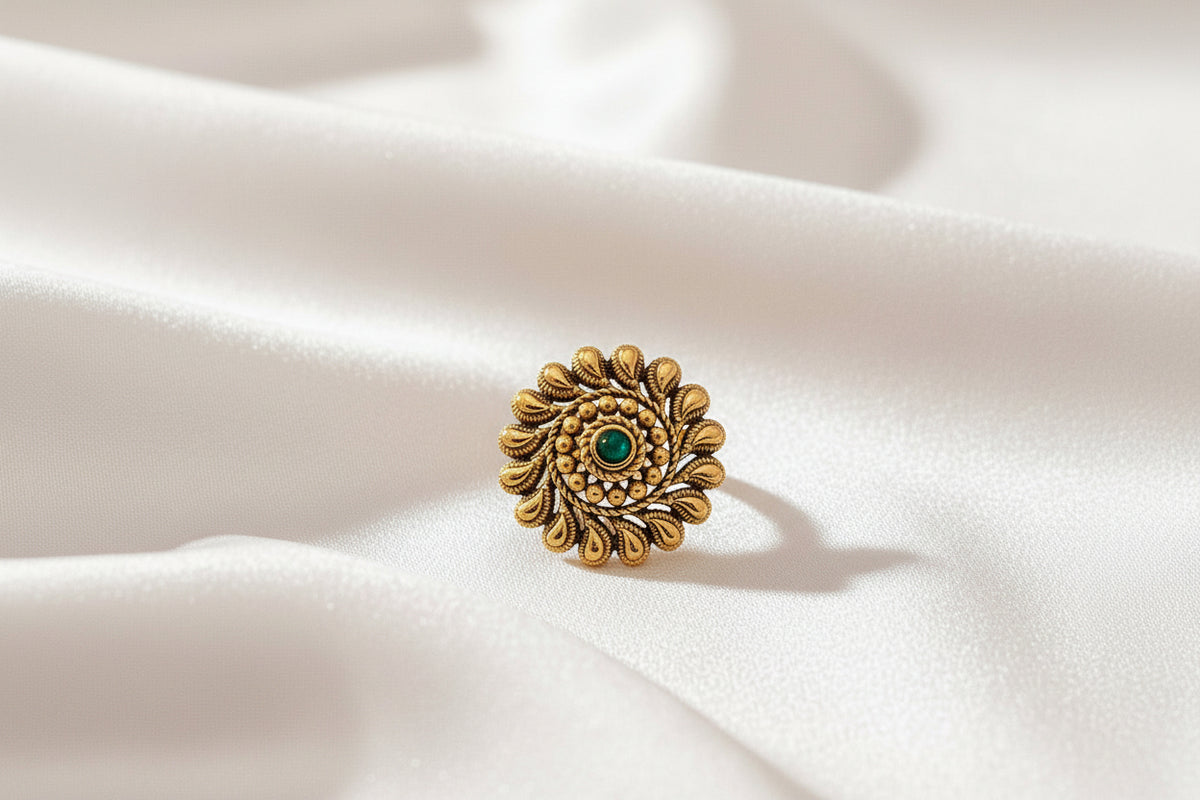 Gold-Plated Traditional Floral Statement Ring with Green Stone Accent