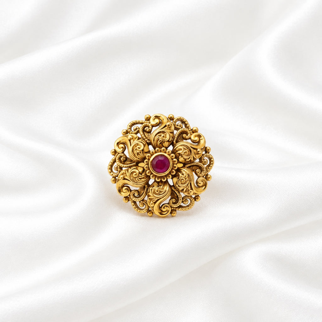 Gold-Plated Antique Traditional Filigree Ring with Red Stone Accent