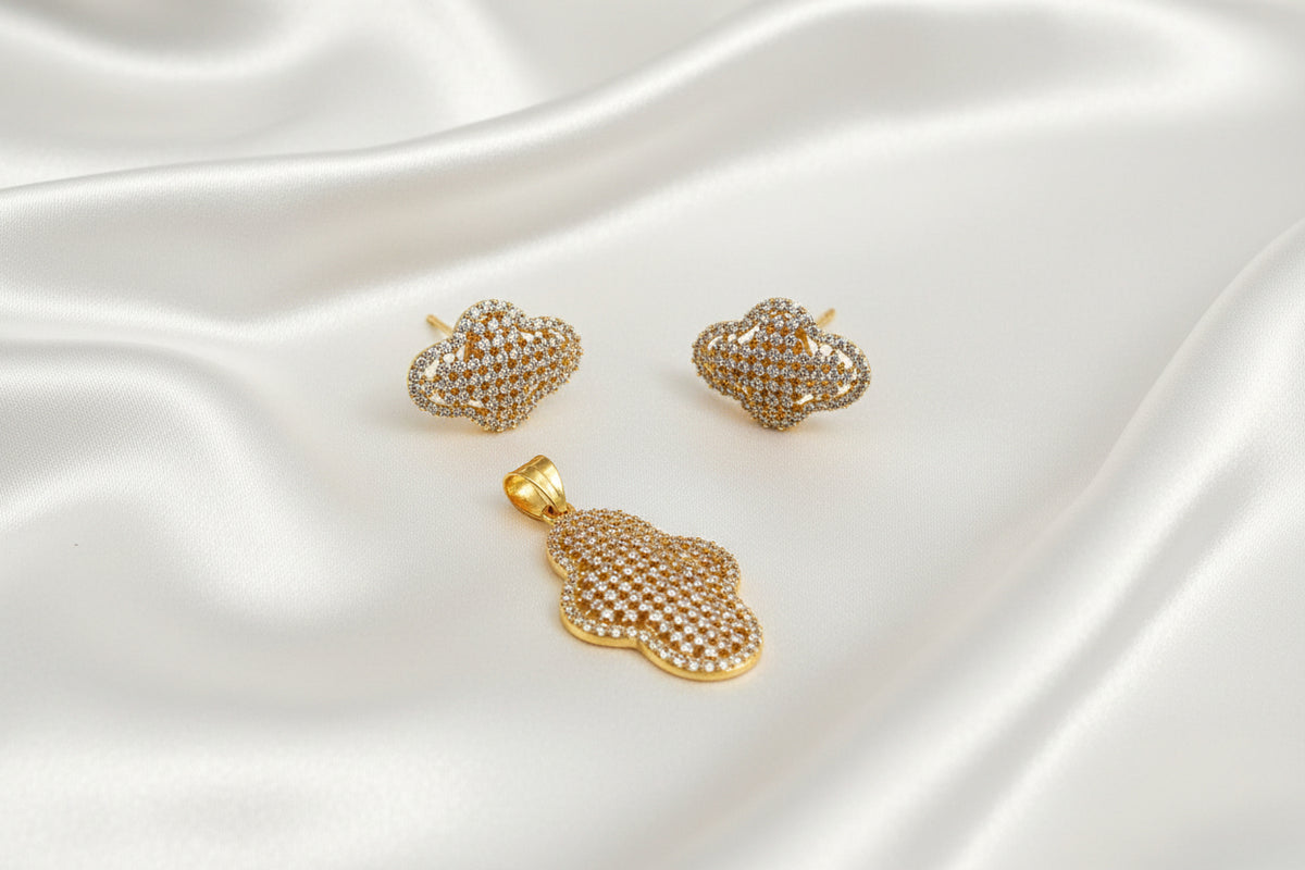 Gold-Plated CZ White Abstract Clover Pendant Set with Earrings