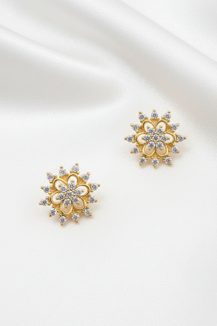 Gold-Plated Zircon Filigree Flower Cluster Stud Earrings