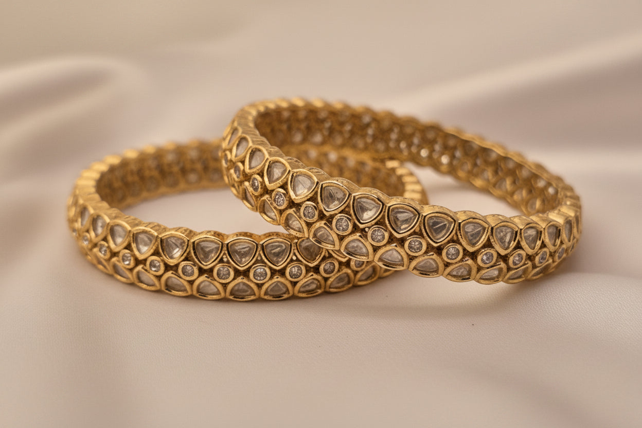 Gold-Plated Polki and White Stone Double-Row Bangle Set