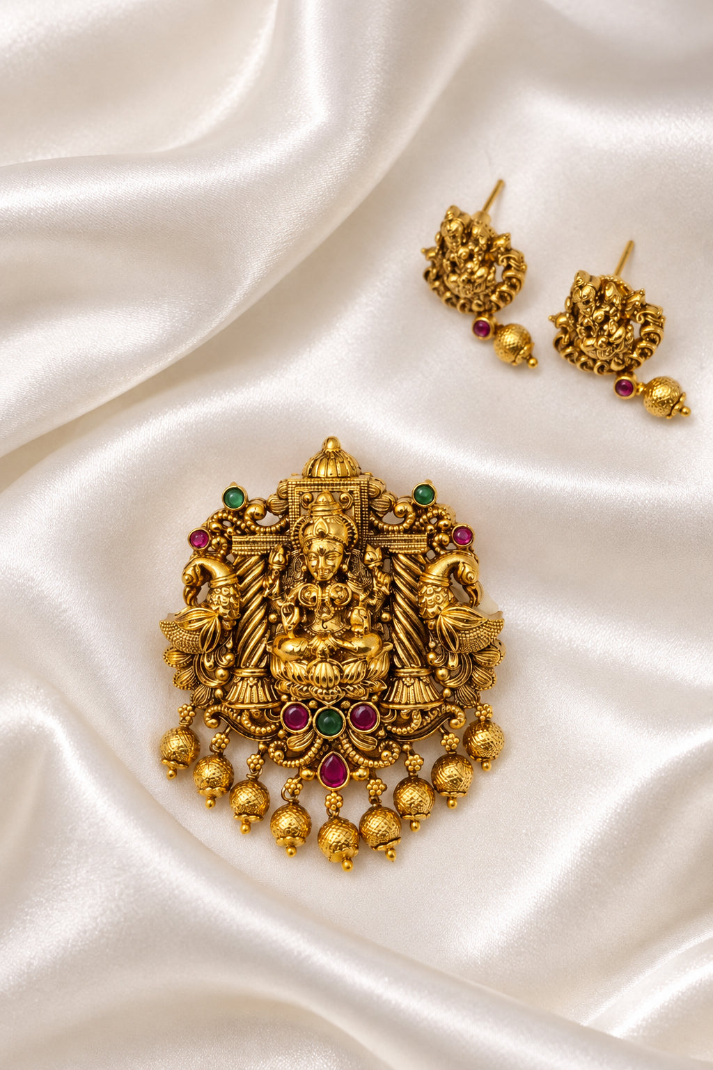 Gold-Plated Antique Peacock Goddess Lakshmi Temple Pendant Set with Earrings