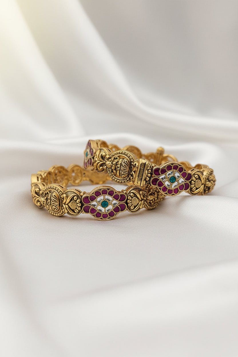 Antique Gold-Plated Temple Goddess Motif Bangle Set