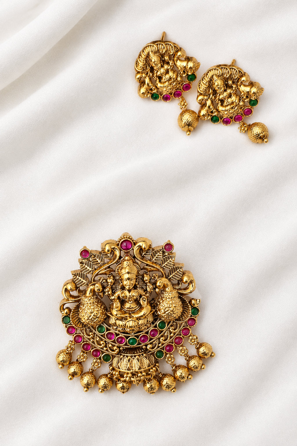Antique Gold-Plated Peacock Motif Goddess Lakshmi Pendant Set with Earrings