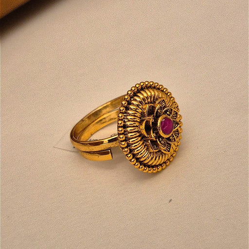 Gold-Plated Antique Finish Lotus Motif Statement Ring with Red Stone Accent