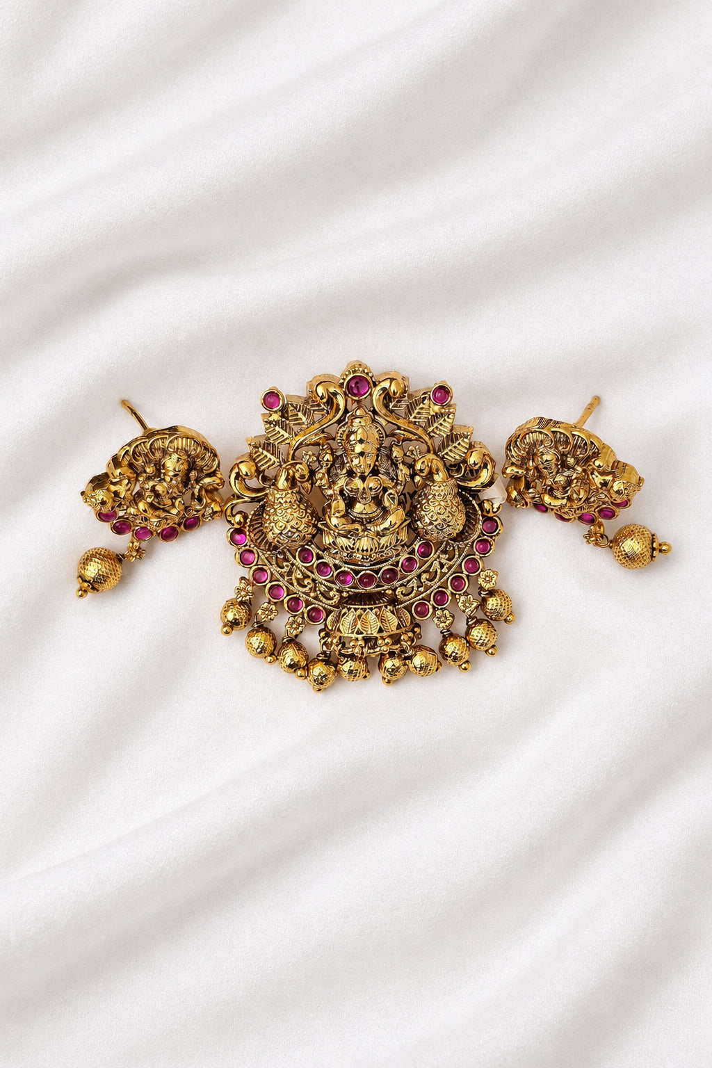 Gold-Plated Antique Peacock Lakshmi Ruby Pendant Set with Earrings