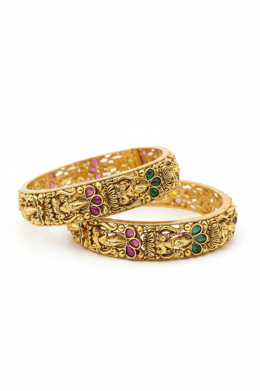 Antique Gold-Plated Ruby and Emerald Stone Temple Bangle Set