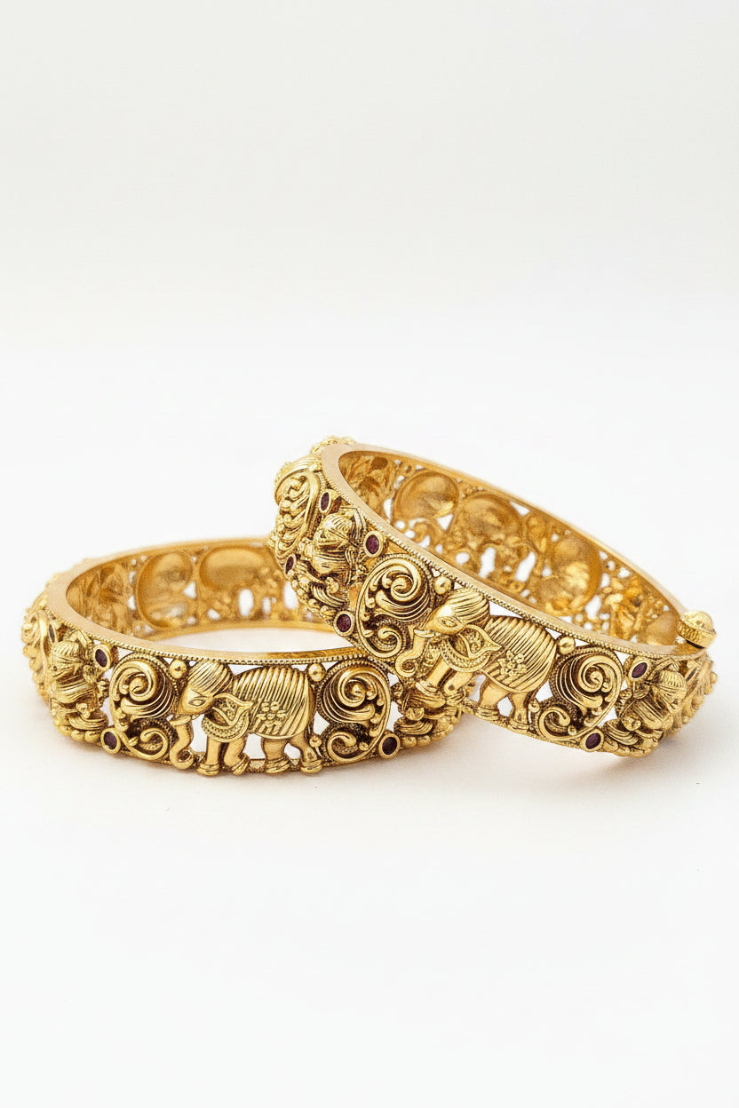 Antique Gold-Plated Elephant and Floral Motif Bangle Set