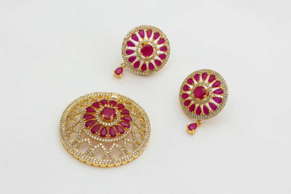 Gold-Plated CZ Ruby Round Floral Mugappu Set with Earrings