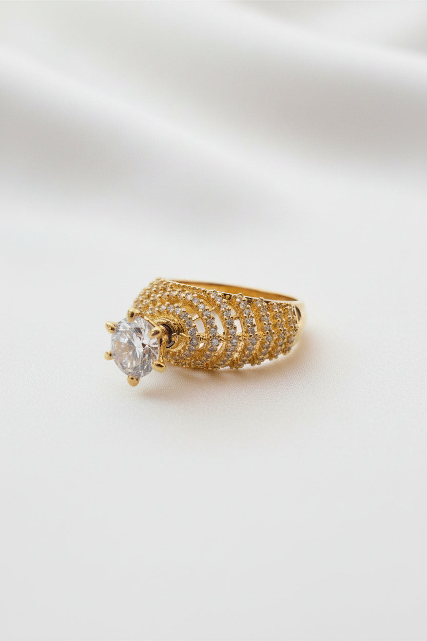 Gold-Plated American Diamond Solitaire Wide Band Design Ring