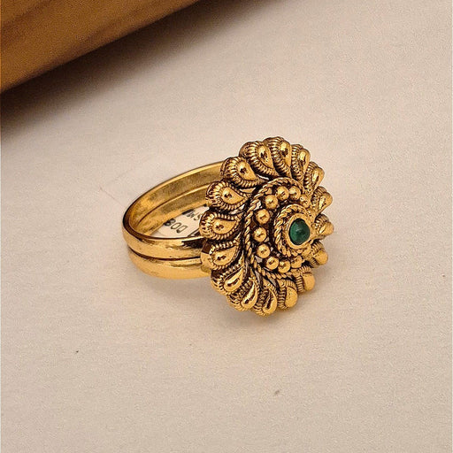 Gold-Plated Traditional Floral Statement Ring with Green Stone Accent