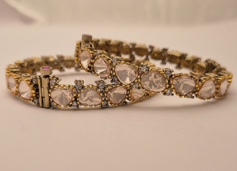 Gold-Plated Polki and White Stone Hinged Kundan Bangle Set