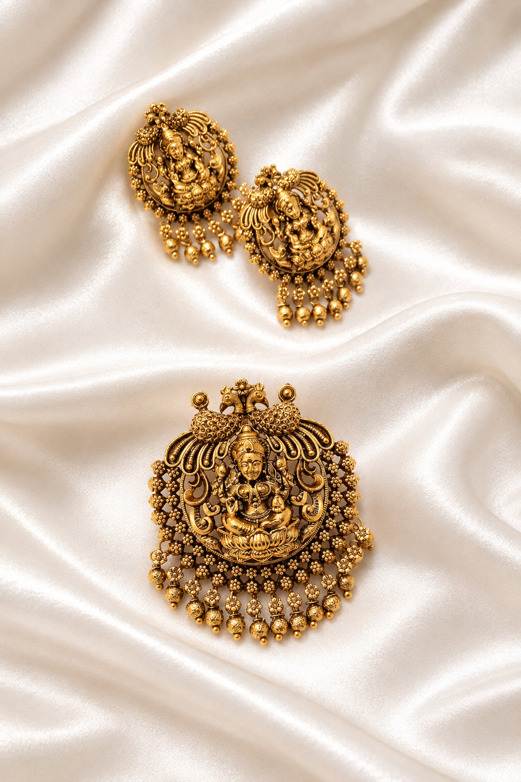 Gold-Plated Antique Peacock Lakshmi Pendant Set with Matching Earrings