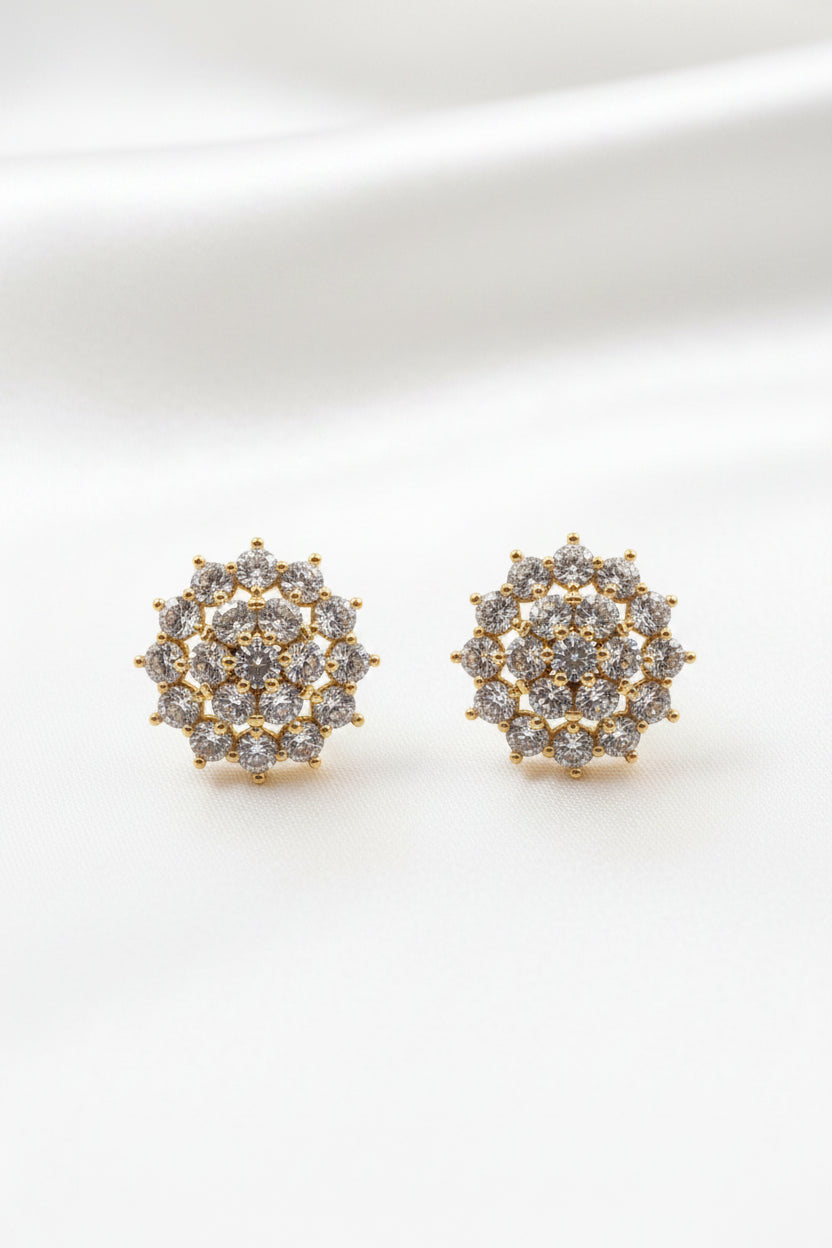 Gold-Plated Zircon Multi-Layered Round Cluster Stud Earrings