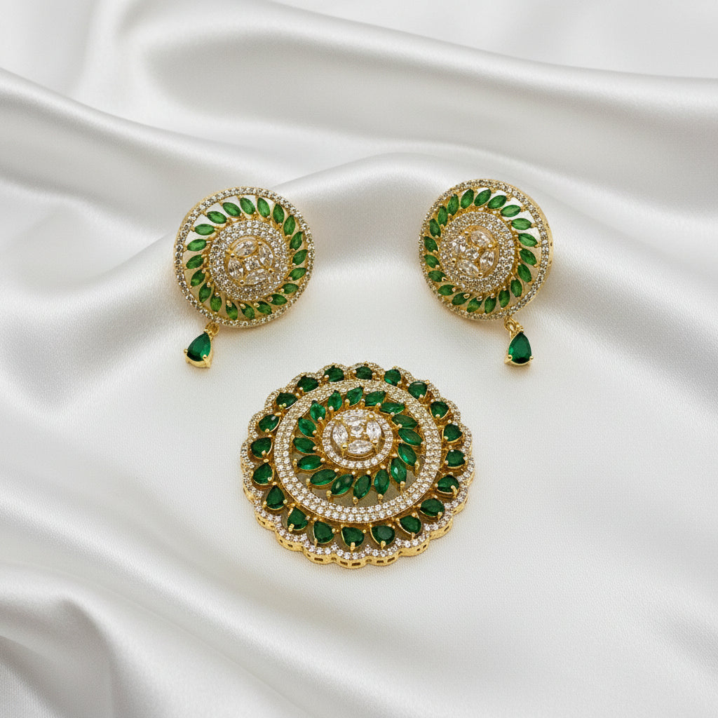 Gold-Plated CZ Dark Green Round Floral Mugappu Set with Earrings