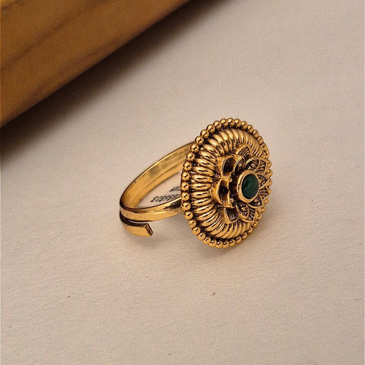 Gold-Plated Antique Finish Traditional Lotus Motif Statement Ring