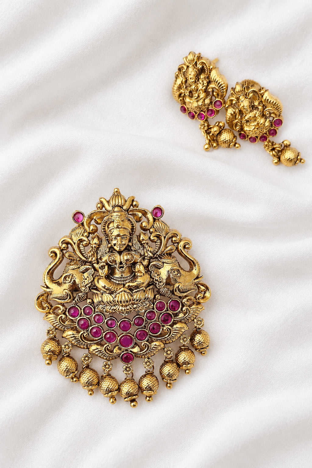 Gold-Plated Antique Elephant Lakshmi Ruby Pendant Set with Earrings