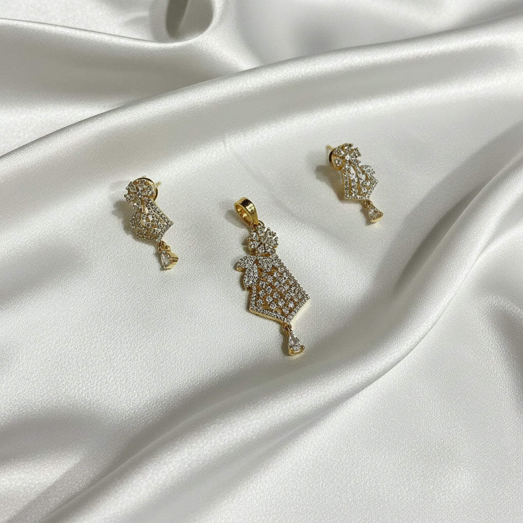 Gold-Plated CZ White Asymmetric Drop Pendant Set with Earrings