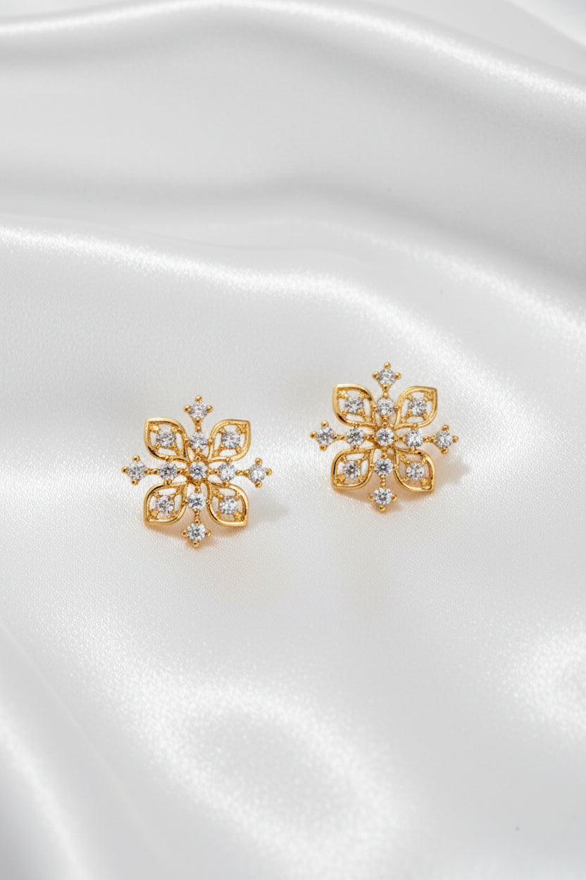 Gold-Plated Zircon Snowflake Filigree Cluster Stud Earrings