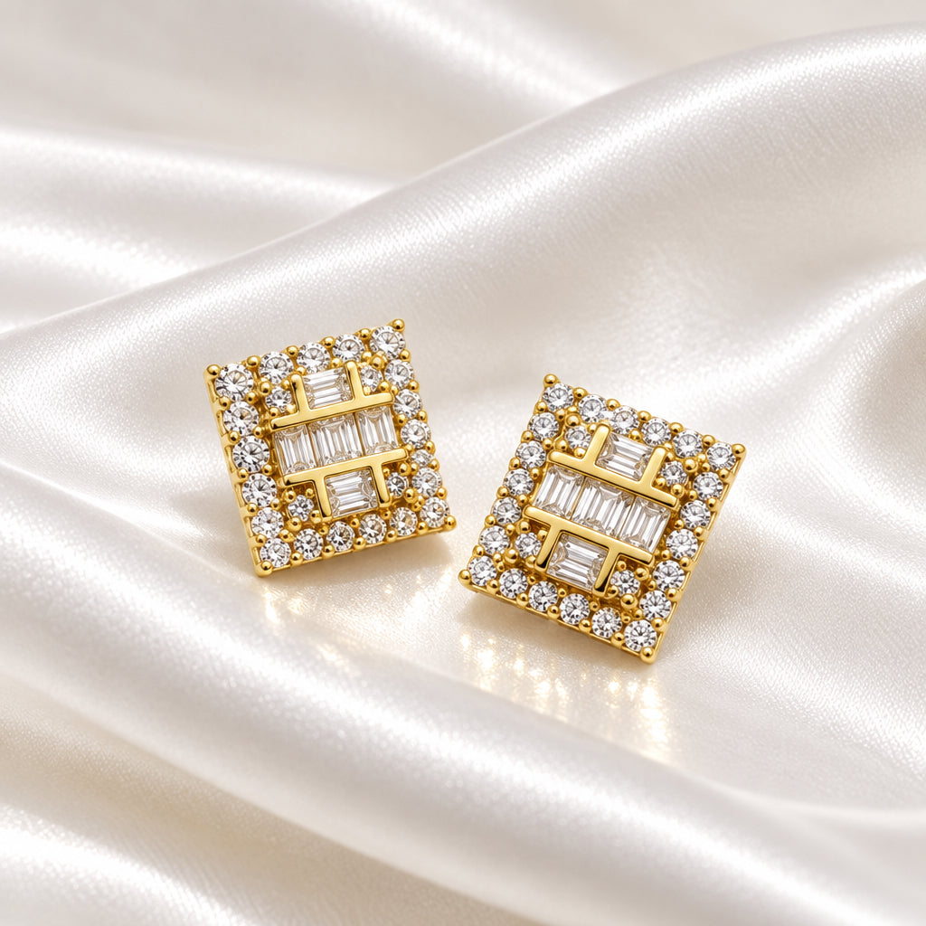 Gold-Plated Zircon Baguette and Round Cluster Stud Earrings
