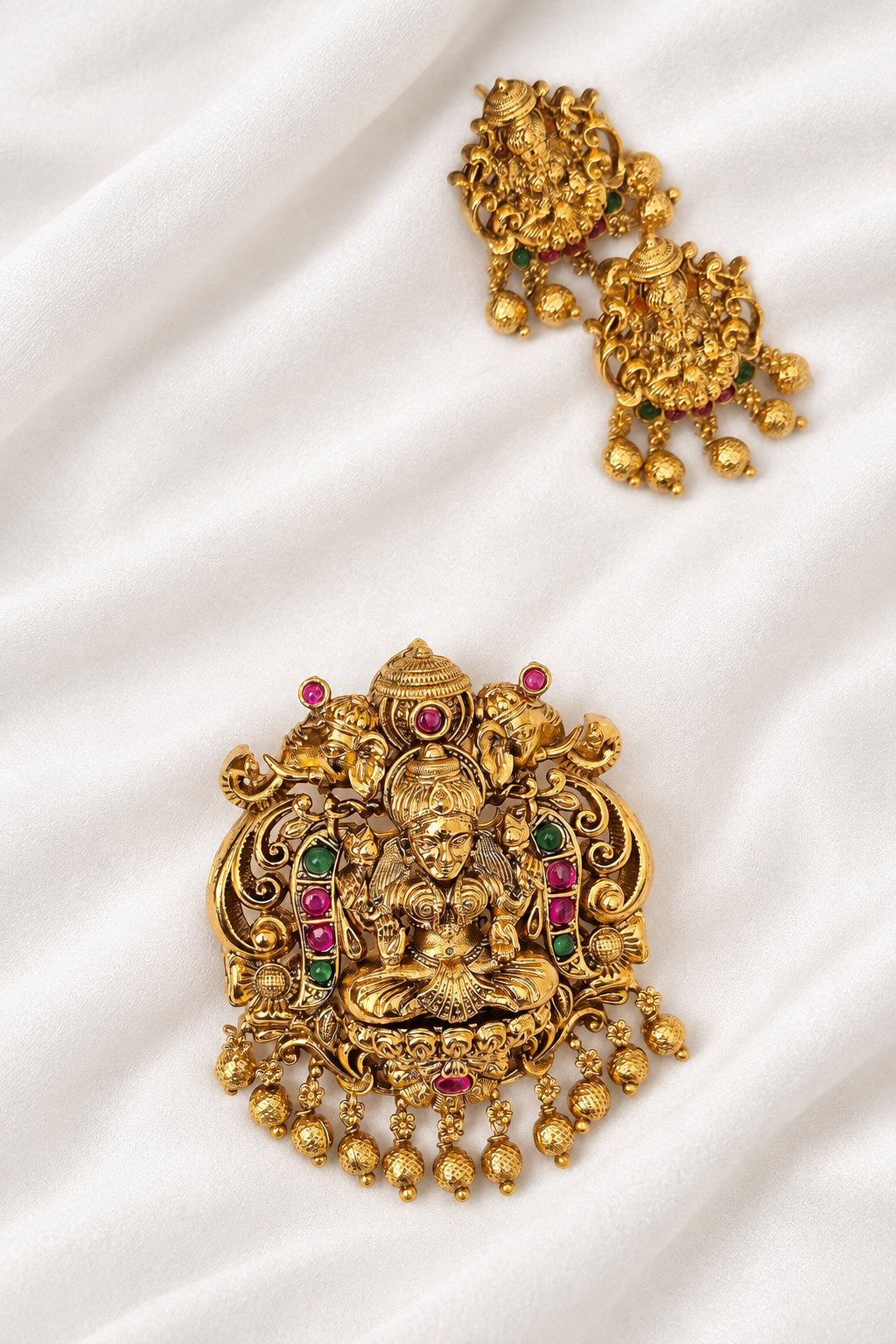Gold-Plated Antique Goddess Lakshmi Pendant Set with Matching Earrings